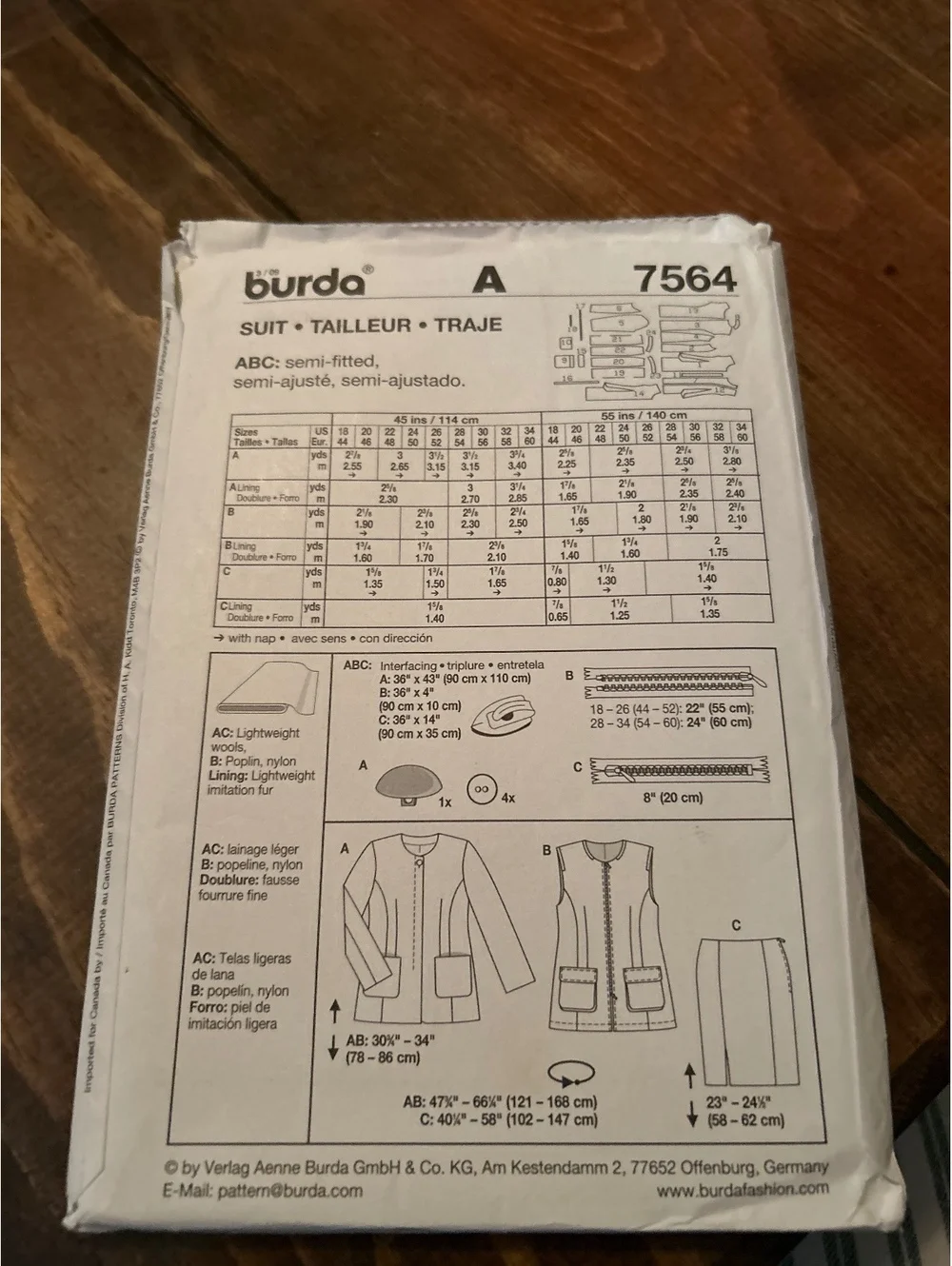 Burda 7564 Semi-Fitted Suit Pattern - Uncut, Fair Condition
